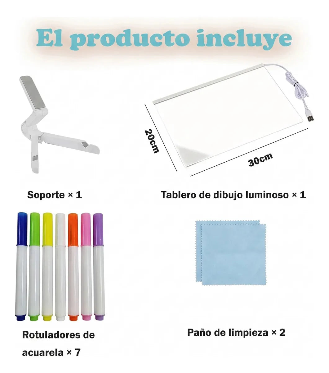 Detalle de accesorios, medidas y contenido de la pizarra LED acrílica con despacho en Chile