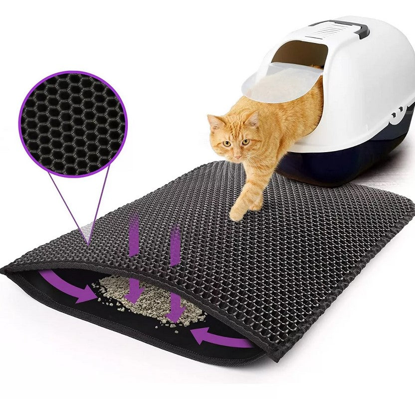 Alfombra atrapa arena para gatos de doble capa con diseño de panal e impermeable para arenero