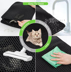 Infografía de limpieza de la alfombra atrapa arena para gatos lavable con agua, paño húmedo y aspiradora