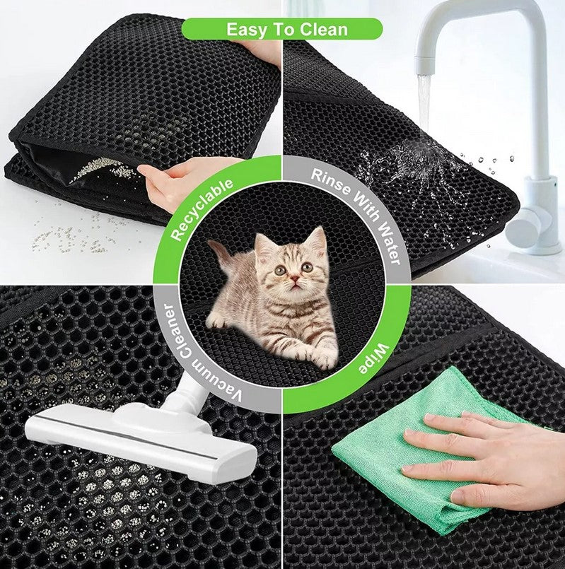 Infografía de limpieza de la alfombra atrapa arena para gatos lavable con agua, paño húmedo y aspiradora
