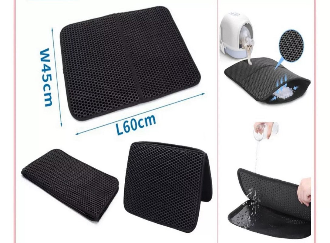 Infografía que detalla las medidas de la alfombra atrapa arena para gatos de doble capa (60cm de largo por 45cm de ancho), su función de reciclaje de arena y su base impermeable