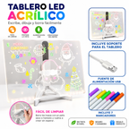 Banner de especificaciones y diseño navideño de la pizarra LED acrílica disponible en Chile