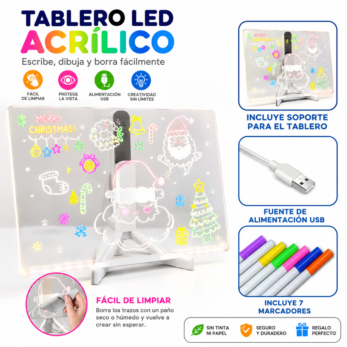 Banner de especificaciones y diseño navideño de la pizarra LED acrílica disponible en Chile