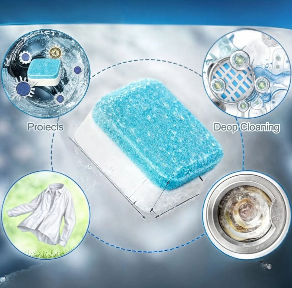Infografía de beneficios de la pastilla efervescente destacando limpieza profunda del tambor, protección anti-bacterias y cuidado de la ropa limpia.