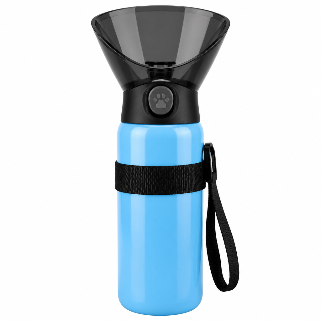Botella dispensadora de agua portátil para perros de color azul con tazón cónico transparente y correa de mano