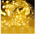 Detalle de guirnalda de luces LED solares cálidas mostrando sus 8 modos de iluminación y resistencia al agua IP65