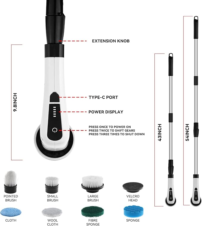 Infografía del cepillo de limpieza eléctrico mostrando puerto USB tipo C, indicador de batería, medidas del mango extensible de hasta 54 pulgadas y cabezales intercambiables