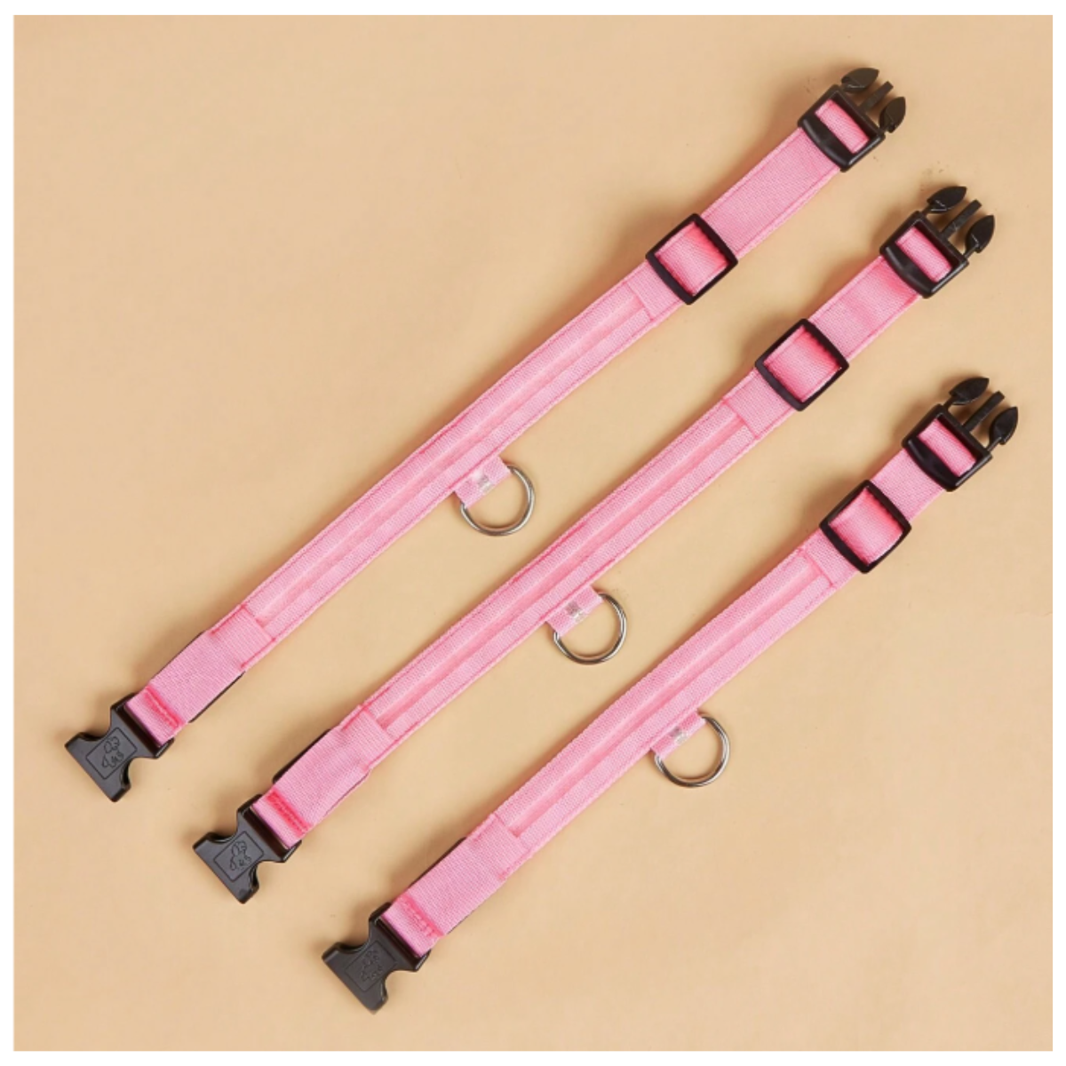 Detalle de collar LED luminoso extendido mostrando su broche de hebilla resistente, ajuste de tamaño y argolla metálica para correa