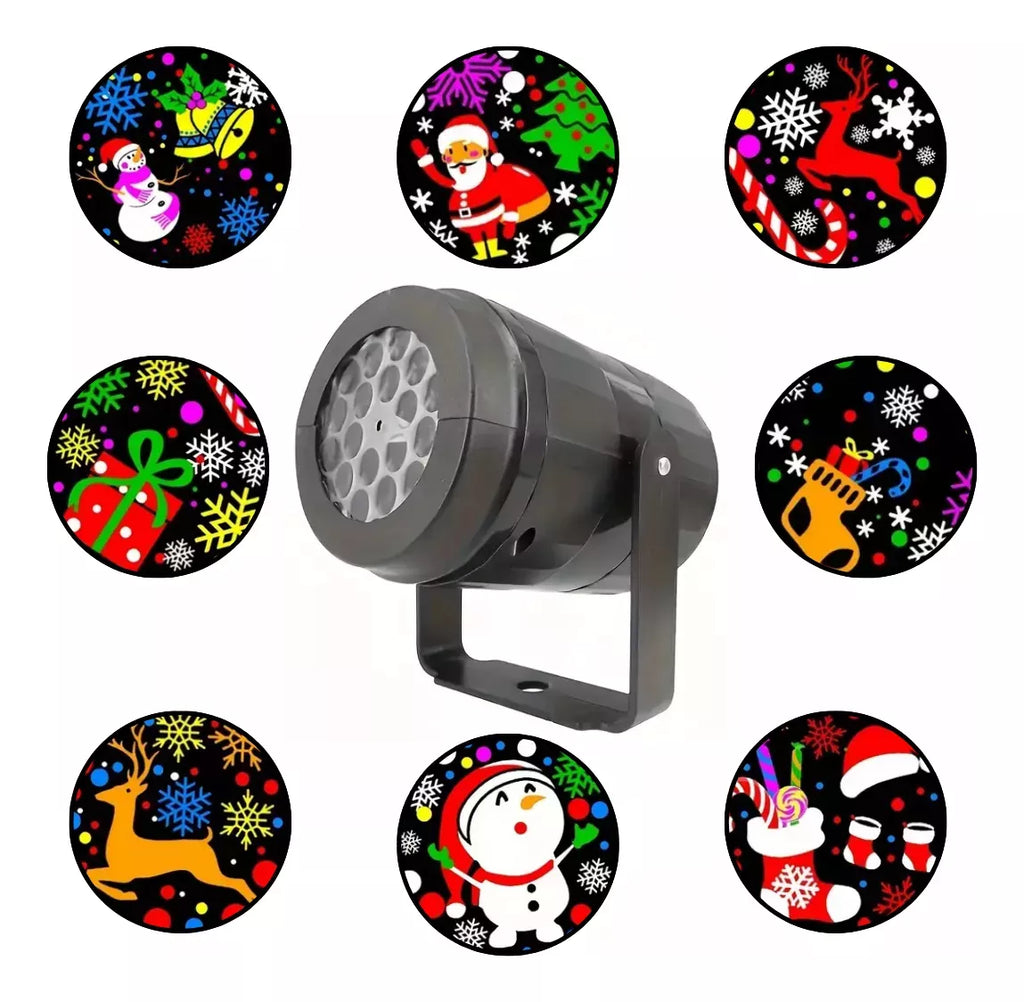 Diferentes patrones y diapositivas de proyección navideña incluyendo Viejito Pascuero, renos, muñecos de nieve, campanas y regalos