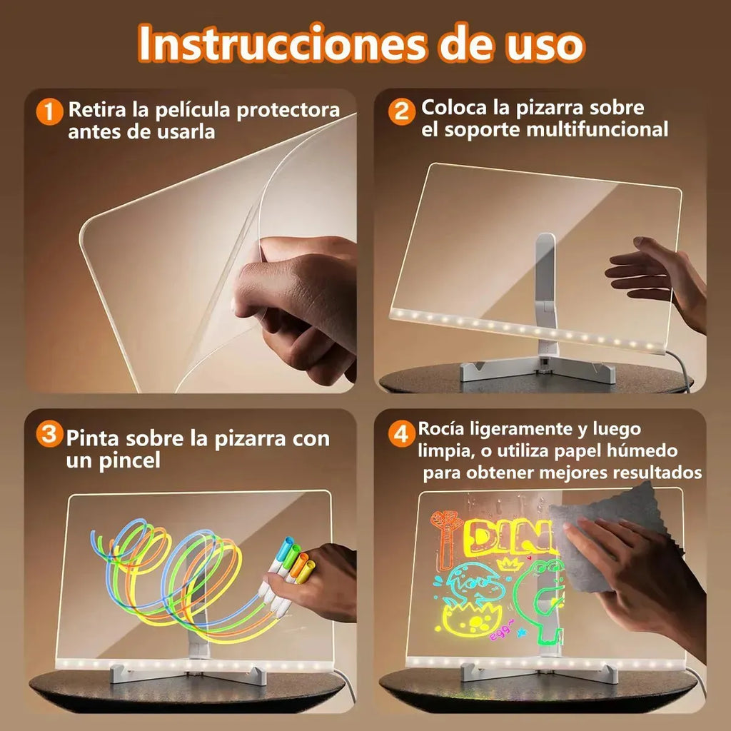 Instrucciones de uso y guía de limpieza para la pizarra LED acrílica con despacho en Chile