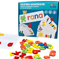 Caja y piezas de madera del juego educativo de deletreo Montessori para niños disponible en Chile