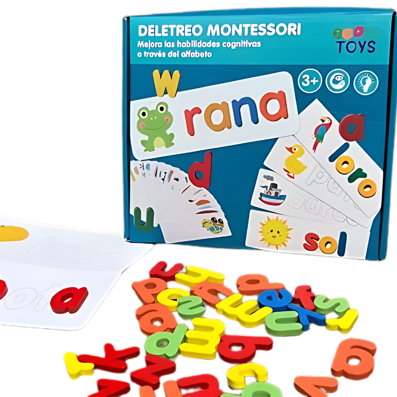 Caja y piezas de madera del juego educativo de deletreo Montessori para niños disponible en Chile