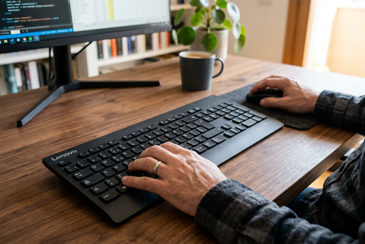 Persona escribiendo en teclado inalámbrico Lenovo Essential Combo sobre escritorio de madera en oficina en casa