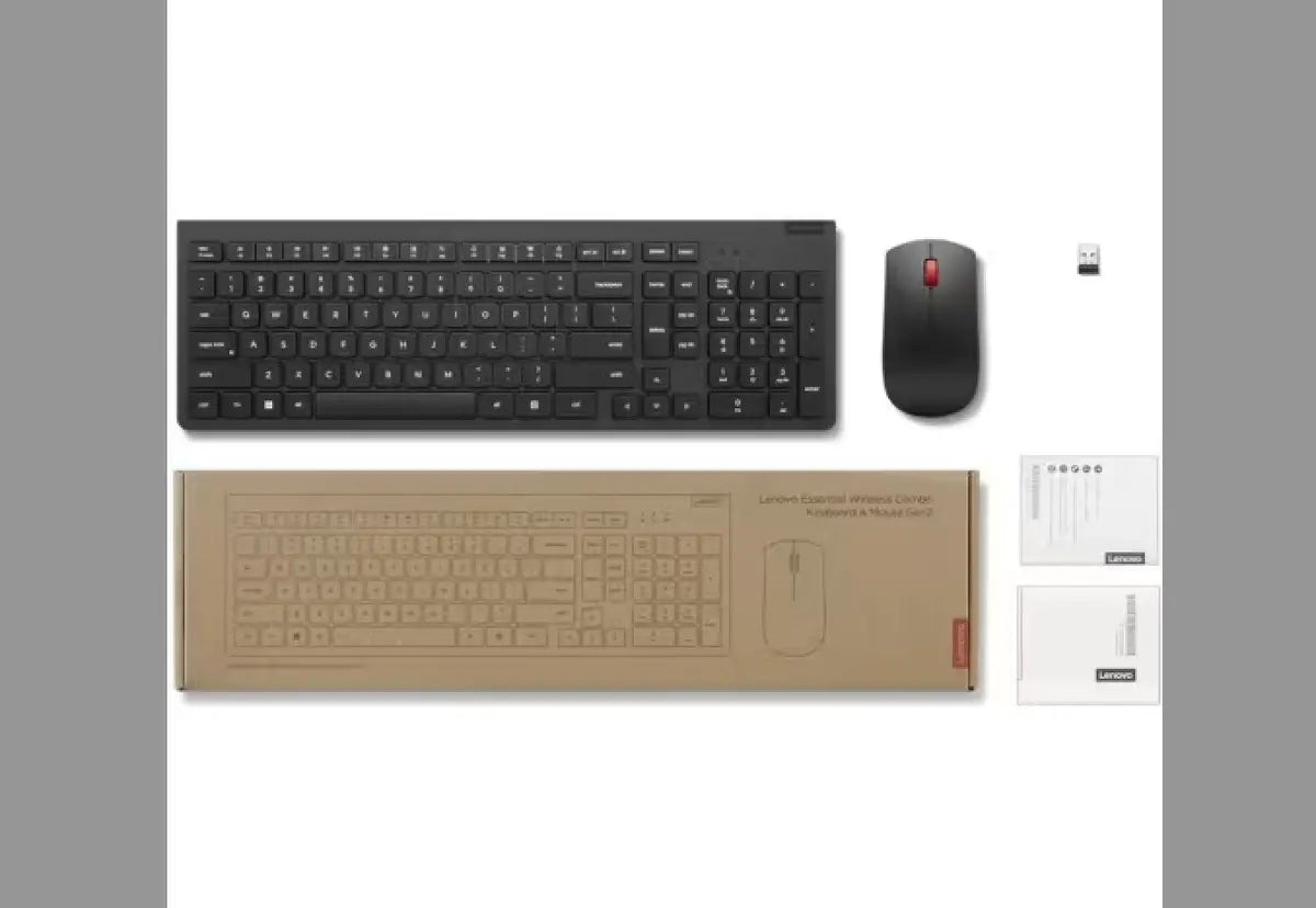Contenido completo del Kit Inalámbrico Lenovo Essential Combo con teclado, mouse, receptor Nano USB, manuales y caja original