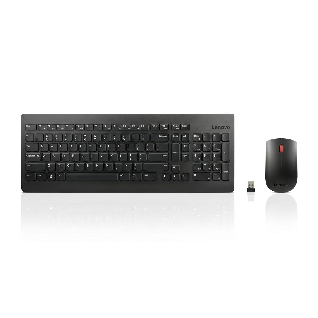 Kit de teclado y mouse inalámbrico Lenovo Essential Combo en color negro sobre fondo blanco con receptor Nano USB