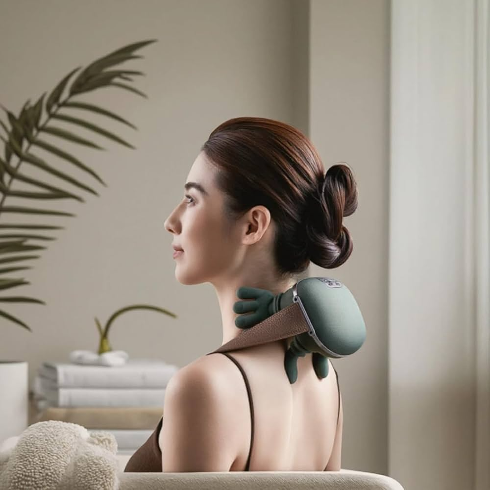 Mujer utilizando masajeador cervical ergonómico con efecto manos 3D para alivio de tensión en cuello y hombros