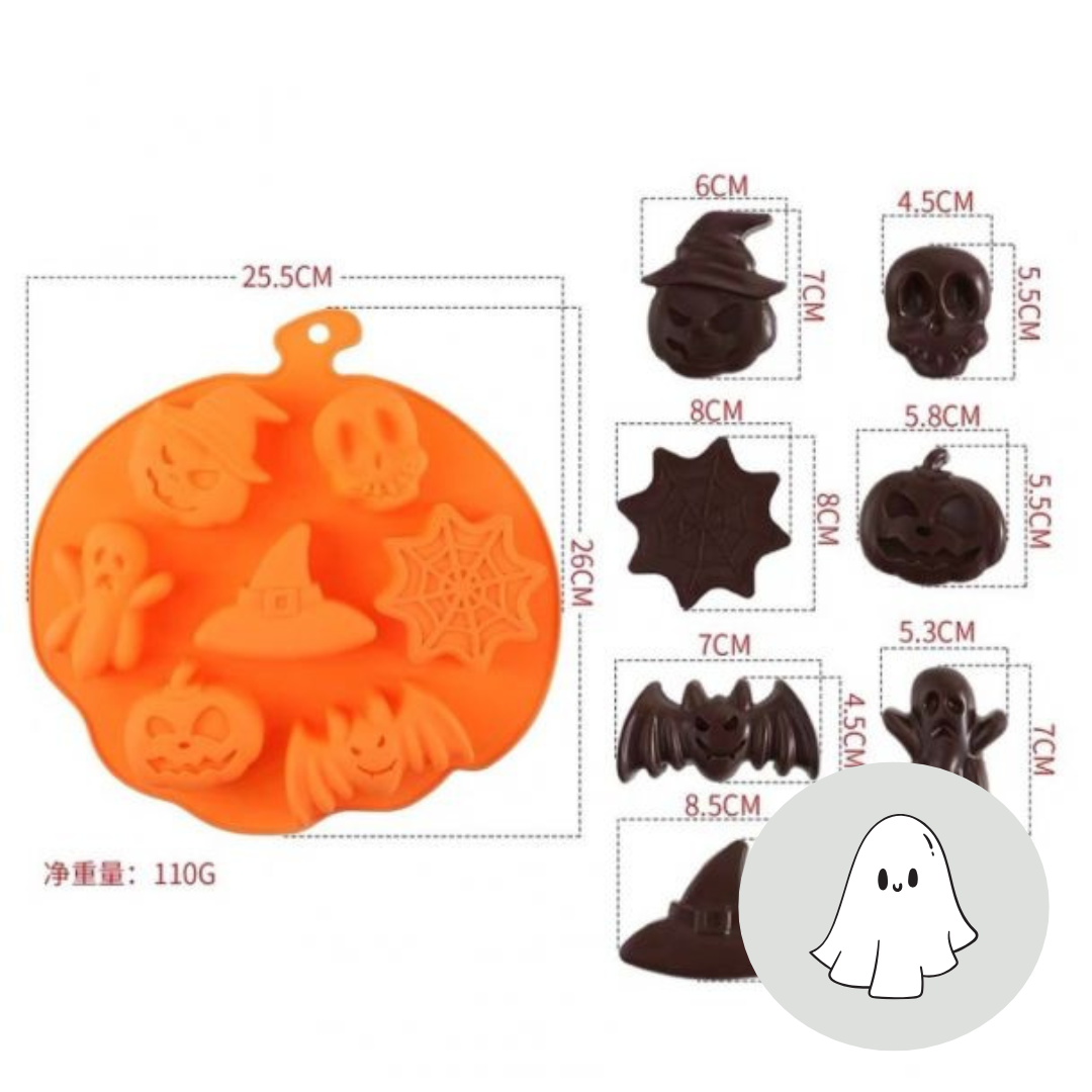 Infografía con dimensiones de 26 cm por 25.5 cm del molde de silicona de Halloween y medidas de las 7 cavidades individuales