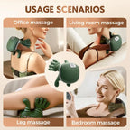 Infografía mostrando los diferentes usos del masajeador ergonómico en la oficina, sala de estar, piernas y dormitorio