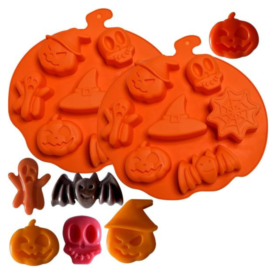 Molde de silicona naranja con 7 cavidades de figuras de Halloween para repostería, chocolates, velas y jabones