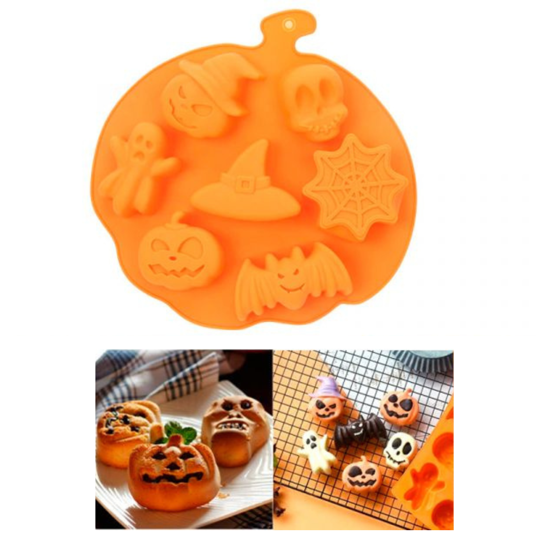 Molde de silicona con 7 figuras de Halloween mostrando resultados de galletas y chocolates horneados