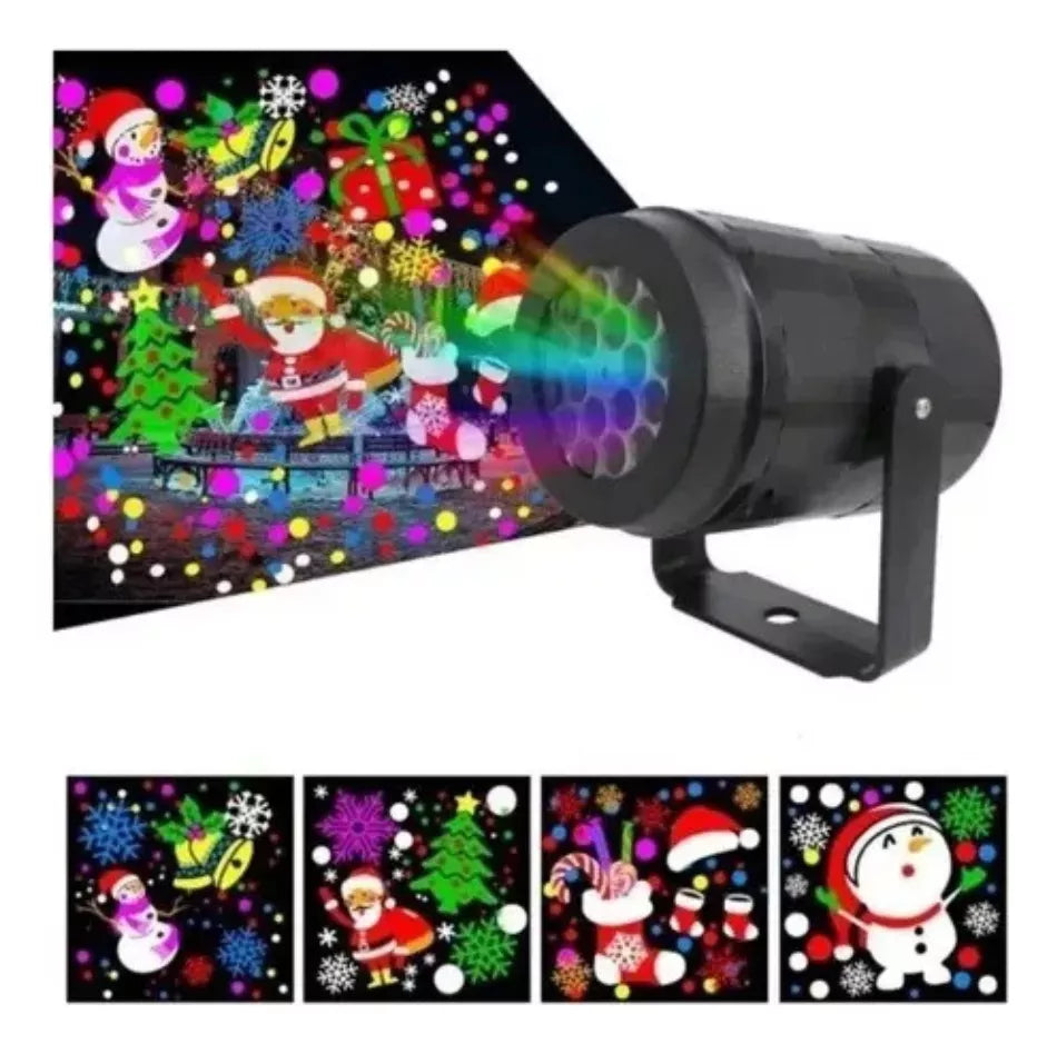 Proyector LED de luces navideñas para exterior e interior proyectando figuras dinámicas de Viejito Pascuero, muñeco de nieve y renos