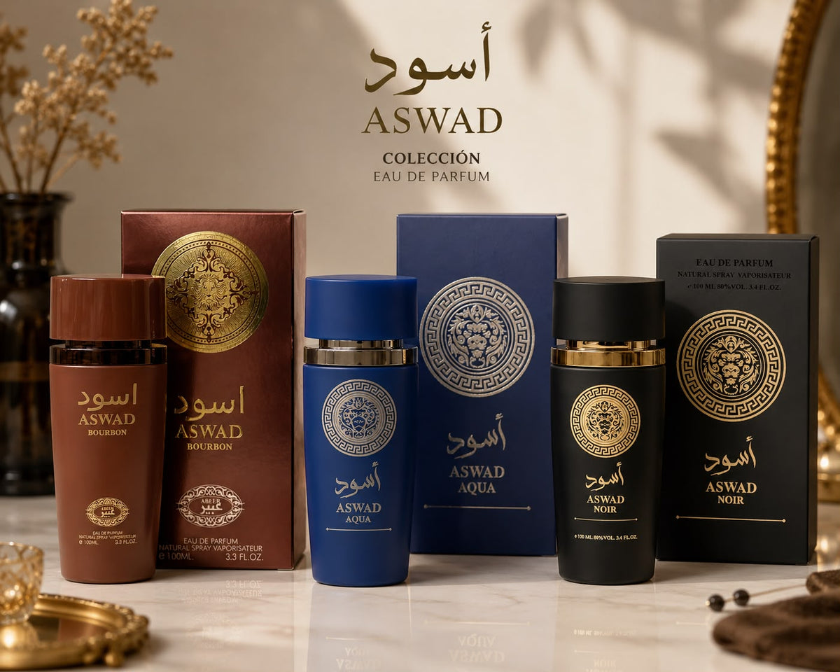 Pack de 3 perfumes árabes para hombre Colección ASWAD: frascos de Eau de Parfum de 100ml en versiones Bourbon, Aqua y Noir con sus elegantes cajas.