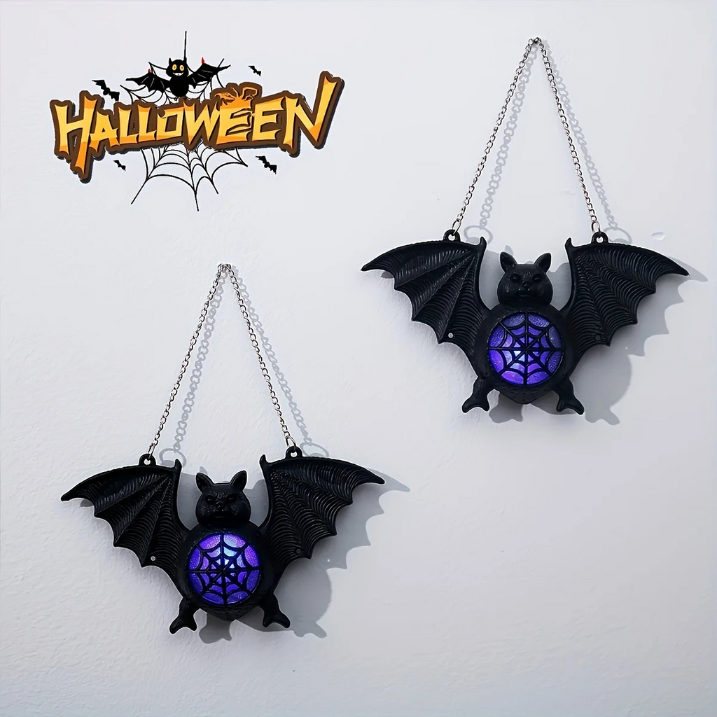 Pack de dos lámparas murciélago LED flotantes para decoración de Halloween con luz multicolor.