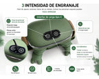 Infografía explicativa del panel de botones, niveles de intensidad y puerto de carga rápida Tipo-C en masajeador cervical