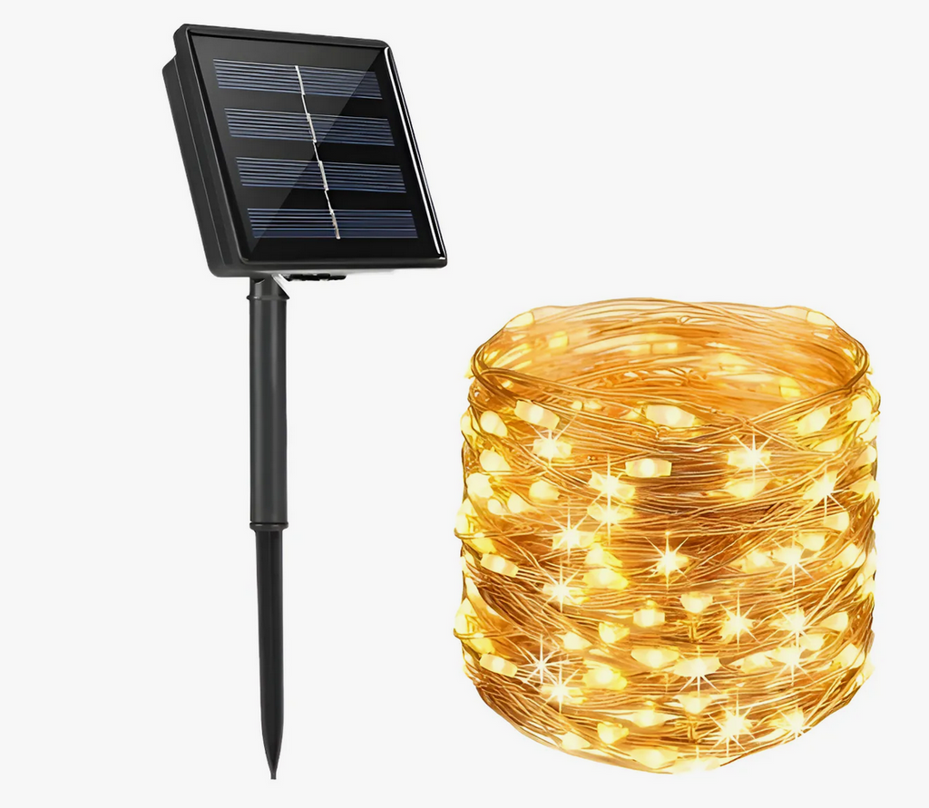 Panel solar con estaca de fijación y rollo de luces LED navideñas amarillas de 10 metros para exterior