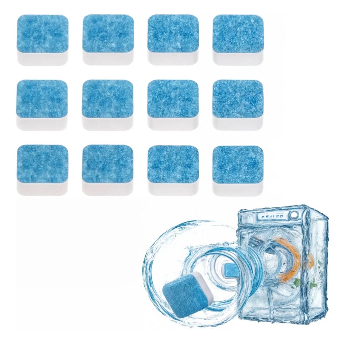 Cuadrícula de 12 pastillas efervescentes para limpiar el tambor de la lavadora, azules y blancas, con una ilustración de agua salpicando de una lavadora de carga frontal.