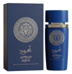 Perfume árabe para hombre ASWAD Aqua de 100ml Eau de Parfum en frasco azul con detalles plateados y su caja correspondiente