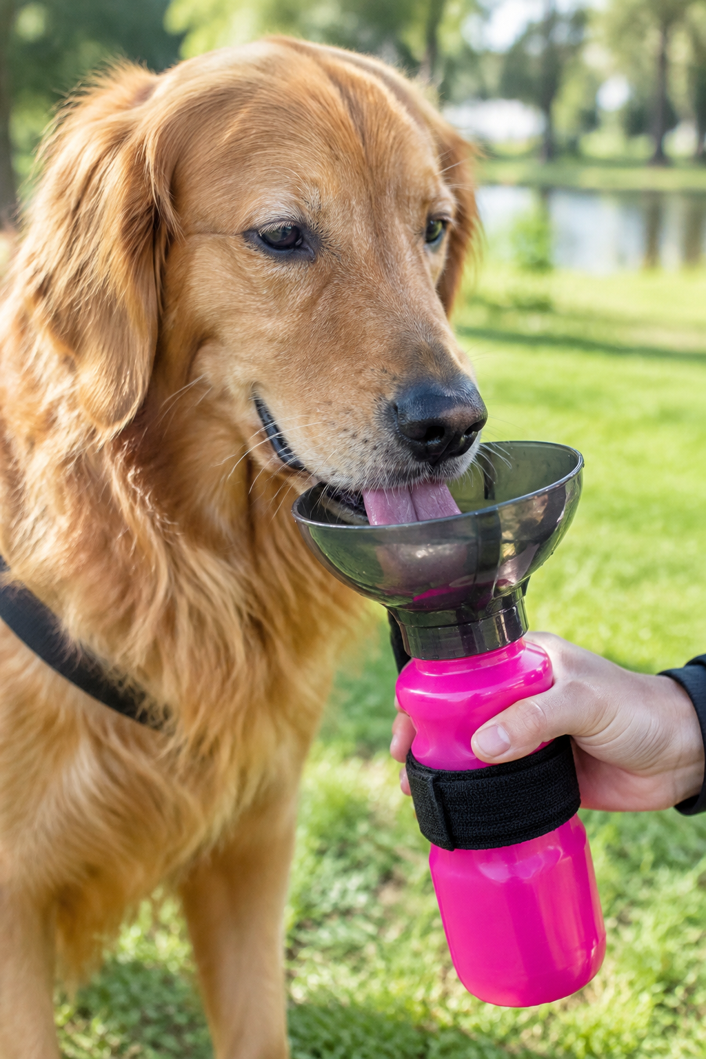Perro Golden Retriever tomando agua de la copa de una botella dispensadora portátil fucsia durante un paseo al aire libre