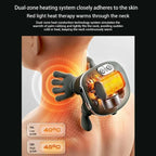 Infografía del sistema de terapia de calor de doble zona con luz roja de 40°C a 45°C en masajeador cervical