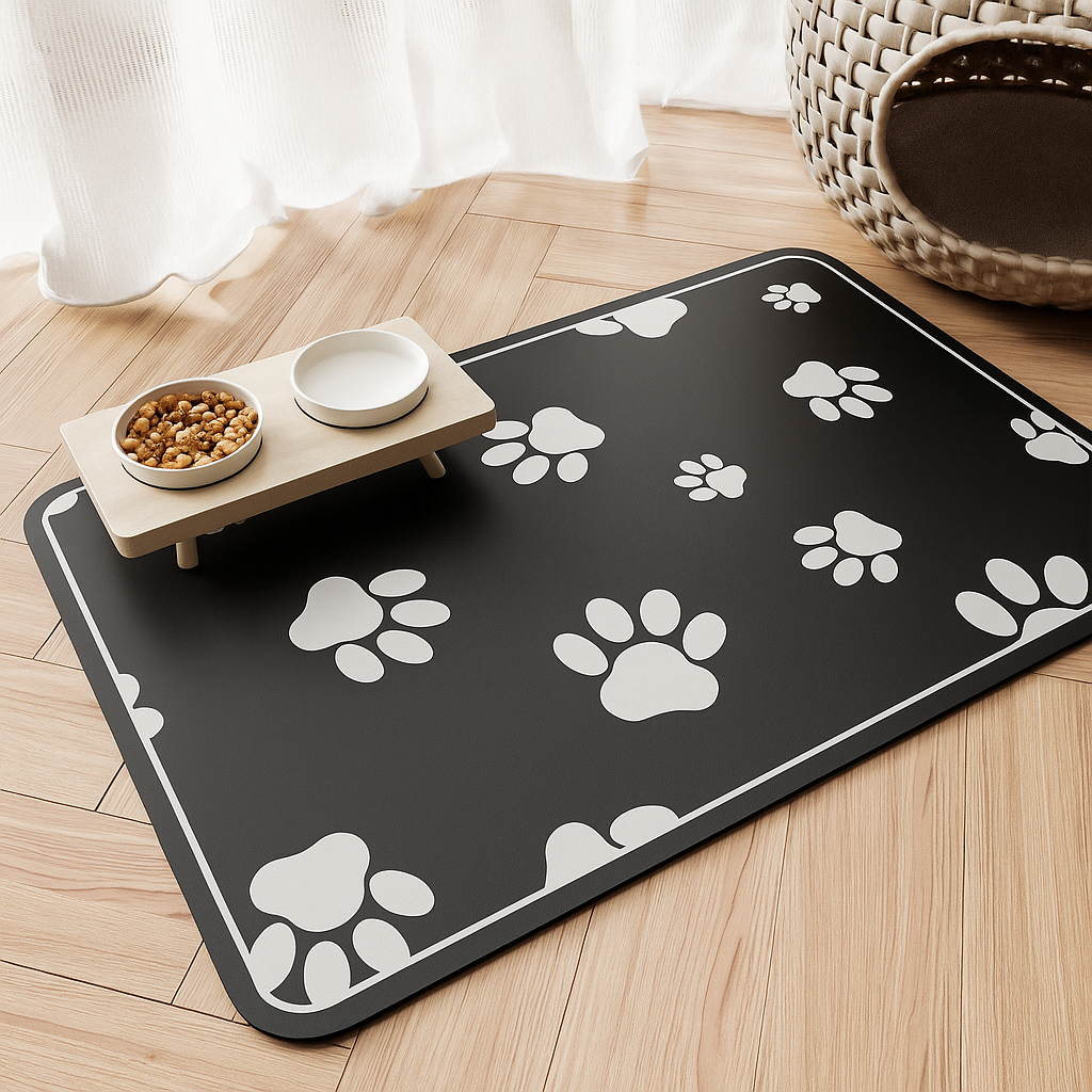 Tapete antideslizante e impermeable negro con huellas blancas para comedero de mascotas.