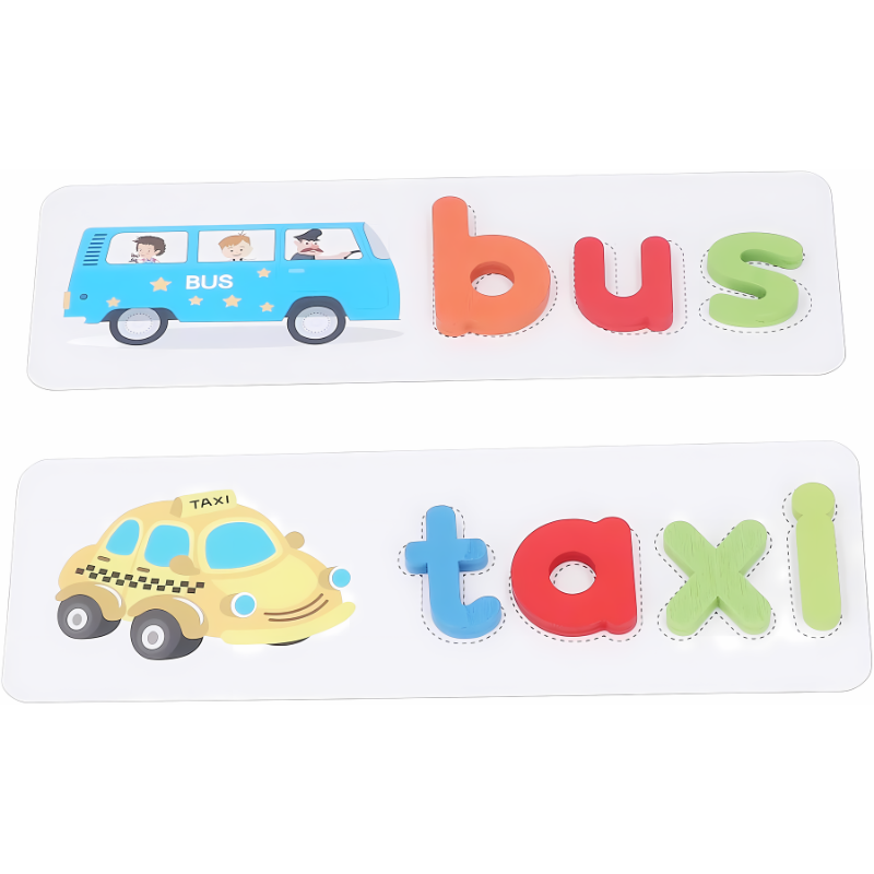 Tarjetas educativas de doble cara con palabras y letras de madera para el juego de deletreo Montessori en Chile